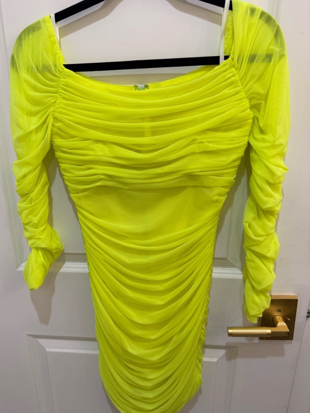 Babaton Neon Yellow Ruched Long-Sleeve Bodycon Dress
